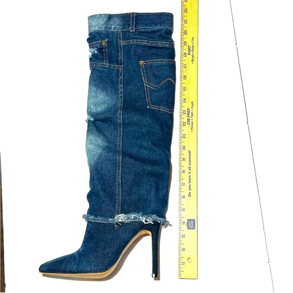 NEW Distressed Denim Pointed Knee High Heeled Zipper Boots Size 38, US 7 - Picture 13 of 15